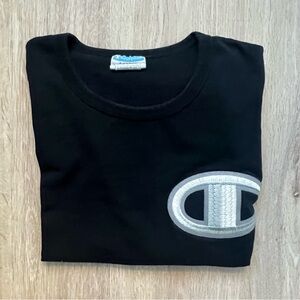 Vintage 90s Champion Black Crewneck with Big Silver Embroidered Logo Men's XL